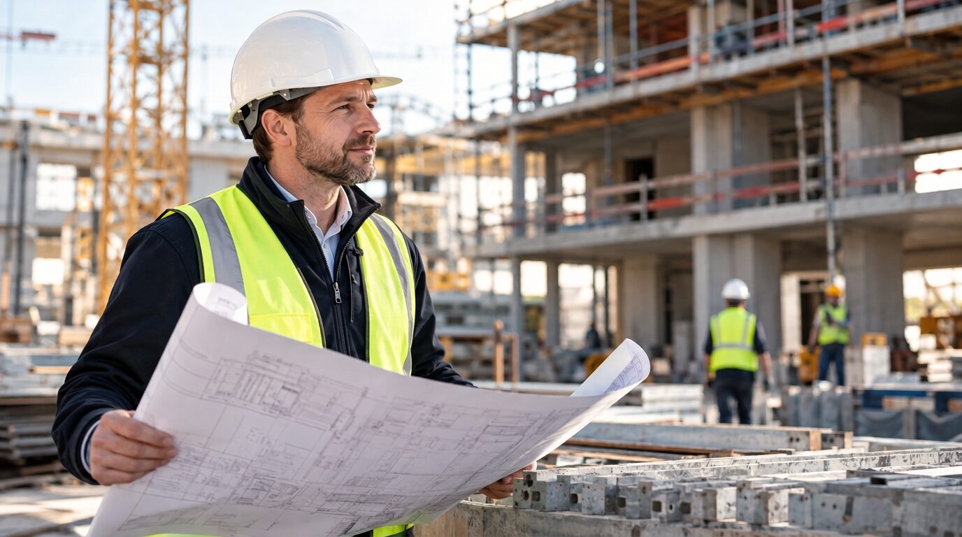 A site manager wearing a white hard hat and high-visibility vest holds an unfolded construction drawing, with an unfinished building, scaffolding and a crane behind