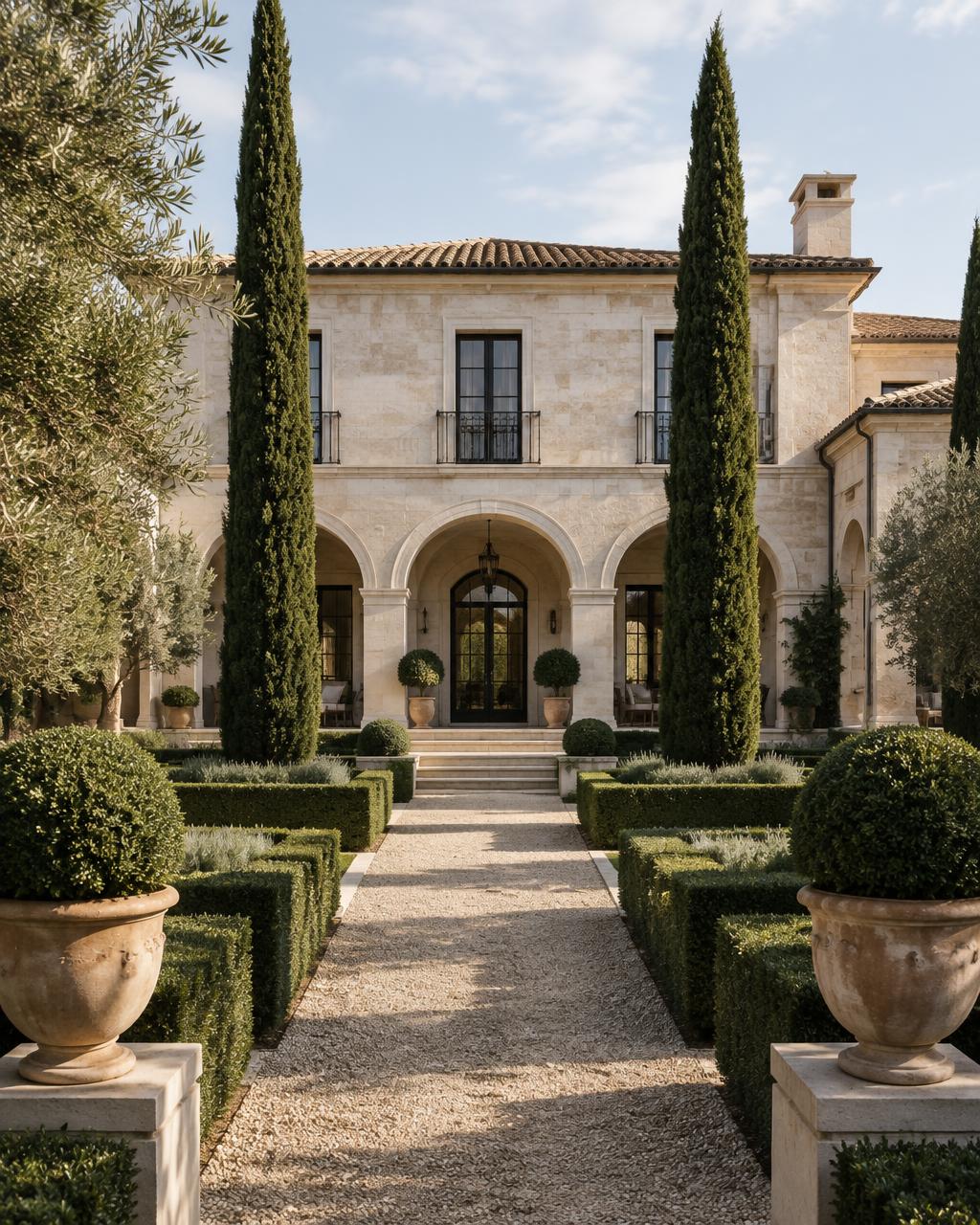 An elegant, classic luxury property in light natural stone with a formal garden in soft daylight