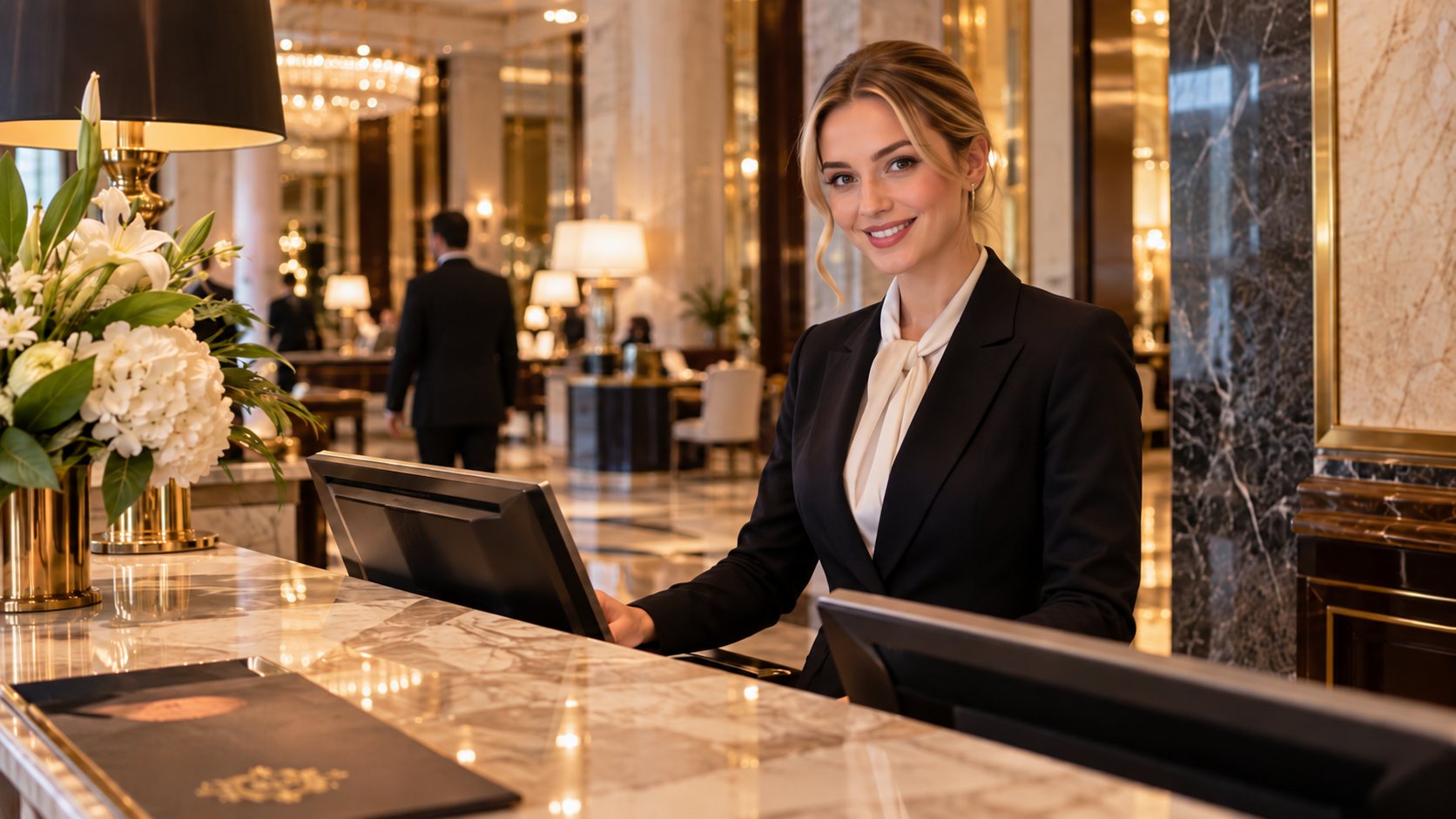A receptionist in a black uniform and white blouse stands behind a marble reception desk in a warmly lit hotel lobby with a flower arrangement