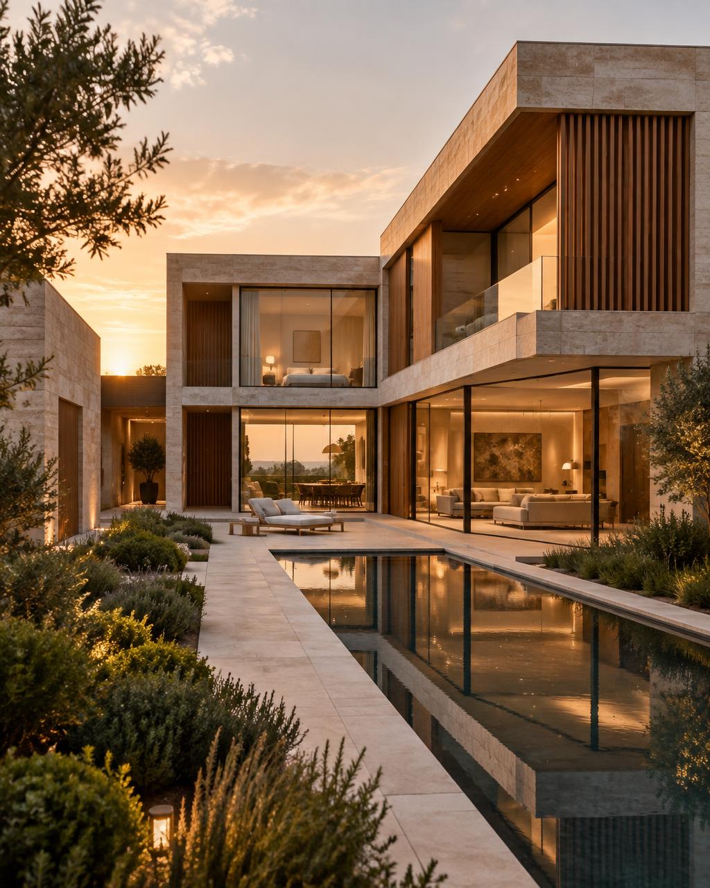 A serene architectural photograph with clean lines and warm light