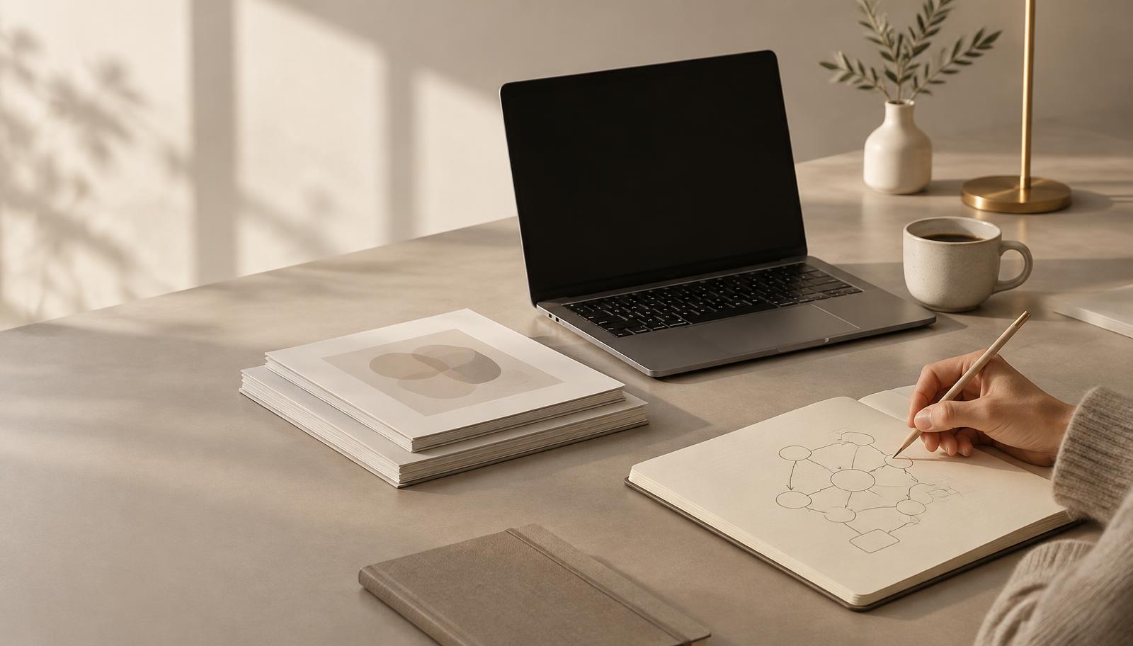 A hand drawing connected boxes and arrows in a cream-coloured notebook beside a closed laptop on a light desk
