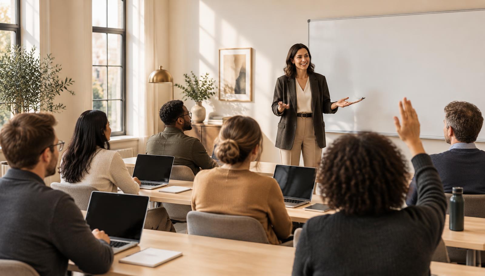 Participants with closed laptops in a bright training room; one person raises a hand while a trainer stands in front of a blank whiteboard wall