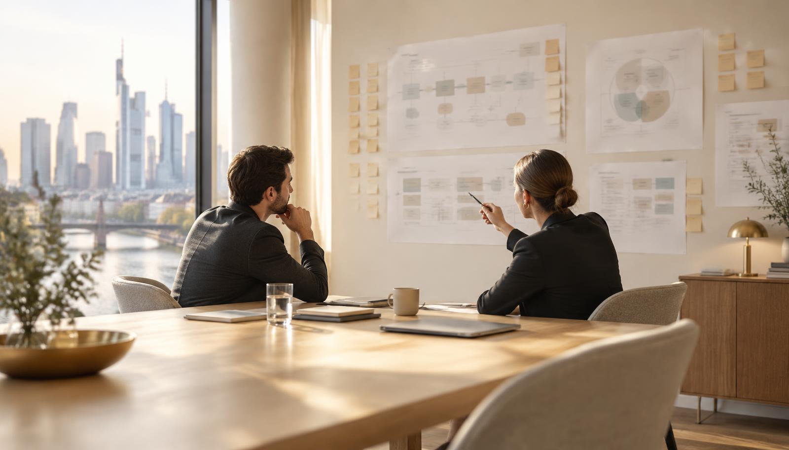 Two people reviewing process maps and notes spread across a wall in a bright meeting room